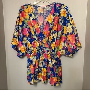 Emily Wonder Dayal Floral Print Short Sleeve Shirt Top Peplum Boho Peasant 1X
